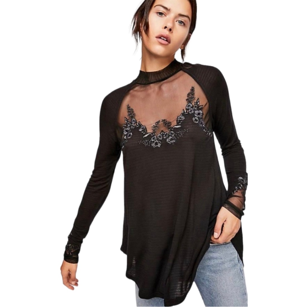 Free People Nwt Saheli Dreamy Lace Embroidered Fine Mesh Drapey Tunic